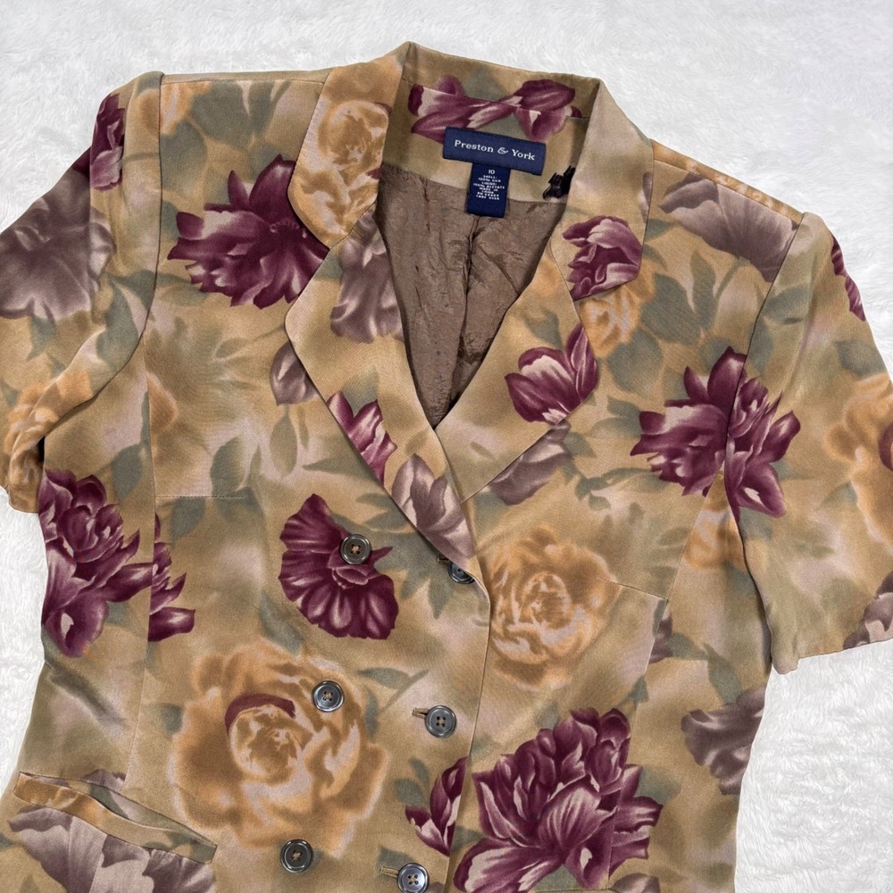 VTG Preston York SILK Floral Blazer Women 10 Brown Purple Double Breast Short Sl